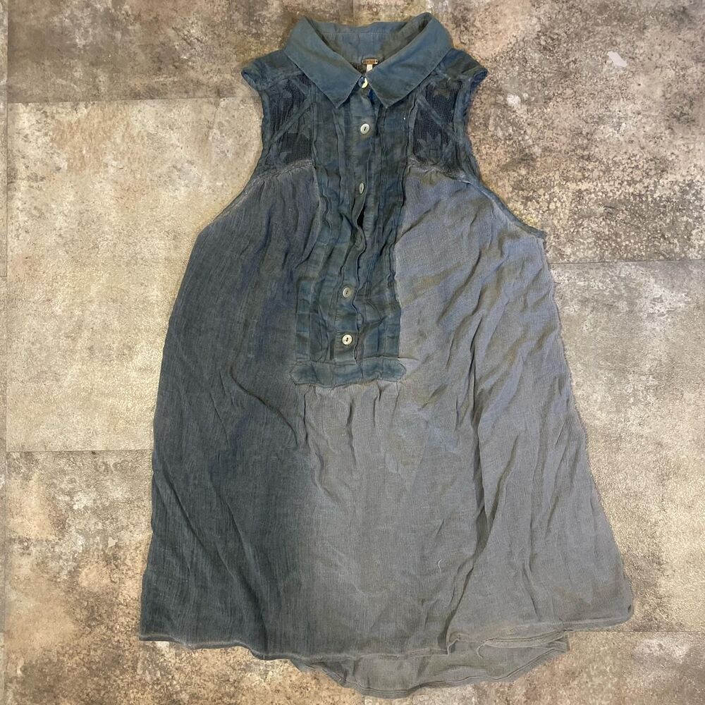 free people asymmetrical blue and teal collared sleeveless button up small